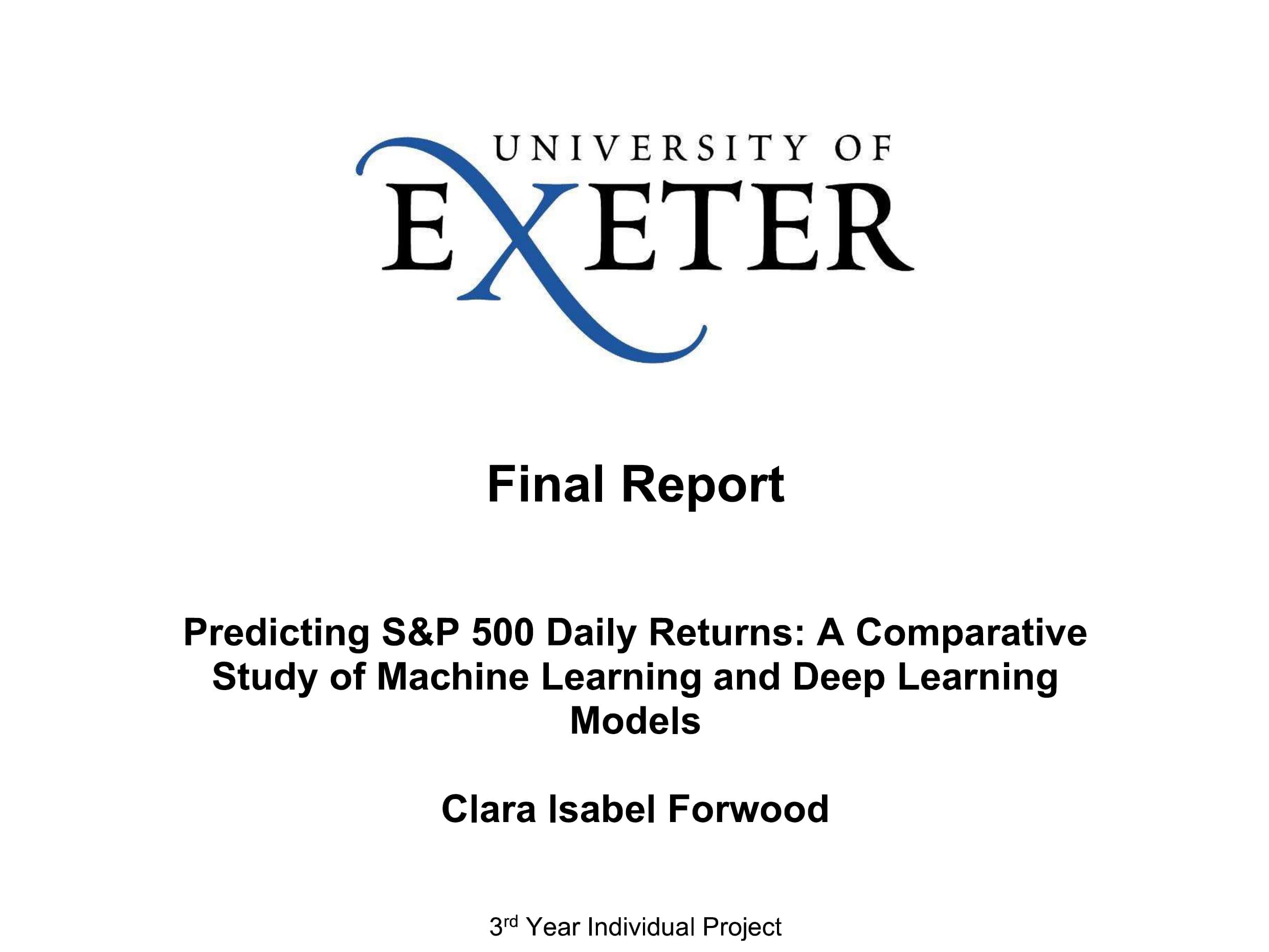 University of Exeter thesis cover page: Predicting S&P 500 Daily Returns